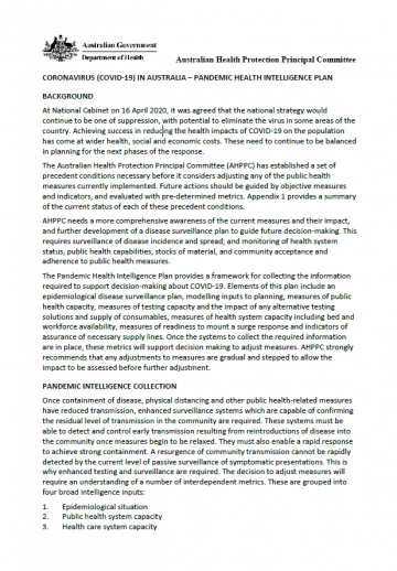 coronavirus covid 19 in australia pandemic health intelligence plan australian government department of health