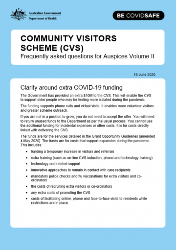 Community Visitors Scheme (CVS) COVID-19 frequently asked questions for auspices, volume 2
