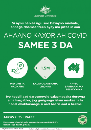 Coronavirus (COVID-19) – Ahaano kaxor ah covid – samee 3 da (Stay COVID free – do the 3)