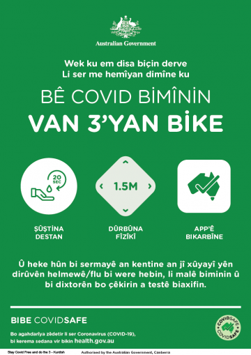Coronavirus (COVID-19) – Bê covid bimînin – van 3’yan bike (Stay COVID free – do the 3)