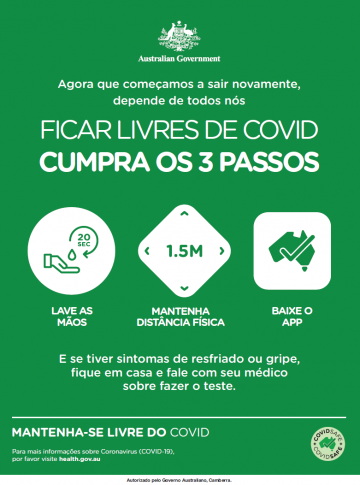 Coronavirus (COVID-19) – Ficar livres de covid – cumpra os 3 passos (Stay COVID free – do the 3)