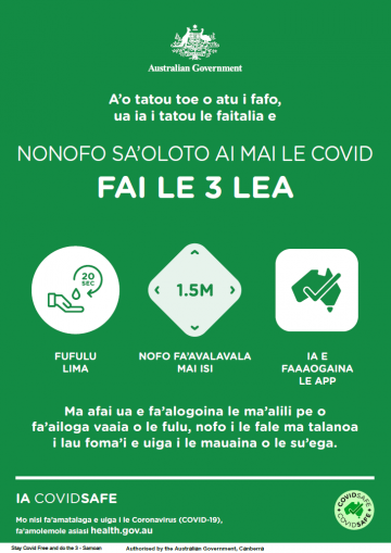 Coronavirus (COVID-19) – Nonofo sa’oloto ai mai le covid – fai le 3 lea (Stay COVID free – do the 3)