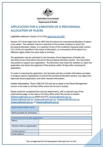 Cover image for application for a variation of a provisional allocation
