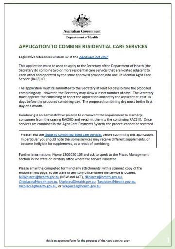 Cover image for Application to Combine Residential Care Services Form