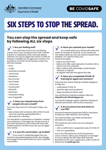 Coronavirus (COVID-19) – six steps to stop the spread for aged care workers (poster)