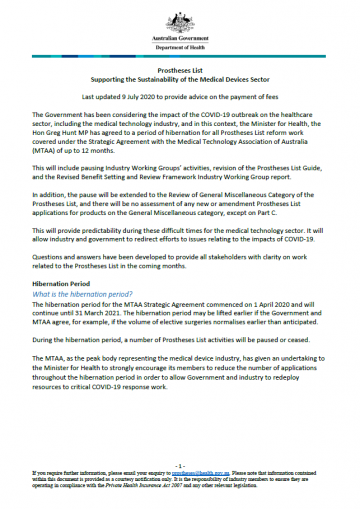 Hibernation of Agreement with the Medical Technology Association of Australia (MTAA)