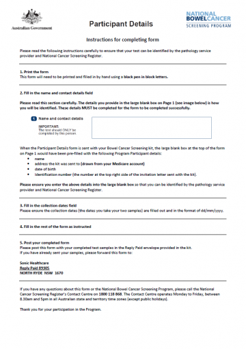 National Bowel Cancer Screening Program – Participant Details Form ...