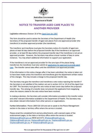 Cover image for Notice to Transfer Aged Care Places to Another Provider