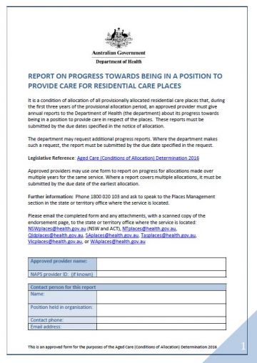 Cover image for Report on Progress Towards Eligibility to Provide Care for Residential Care Places