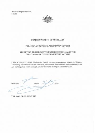 Reporting Requirements under Section 34A of the Tobacco Advertising Prohibition Act 1992 (1 January–31 December 2019)