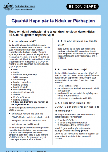 Coronavirus (COVID-19) – six steps to stop the spread for aged care workers (poster) - Albanian