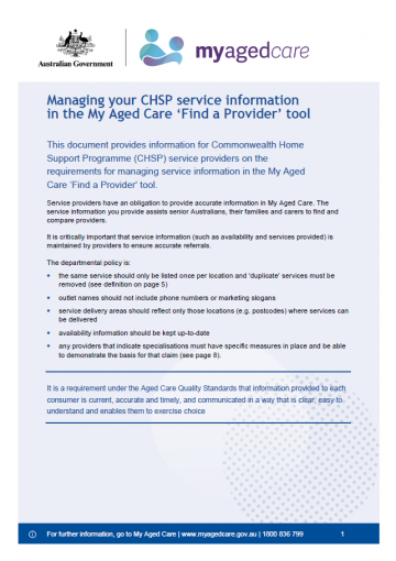 Managing CHSP service information in the My Aged Care ‘Find a Provider’ tool