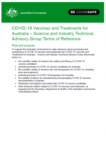 The COVID-19 Vaccines and Treatments for Australia – Science and Industry Technical Advisory Group Terms of Reference
