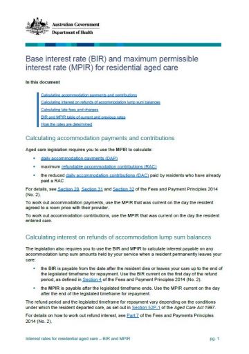 Base Interest Rate Bir And Maximum Permissible Interest Rate Mpir For Residential Aged Care Australian Government Department Of Health
