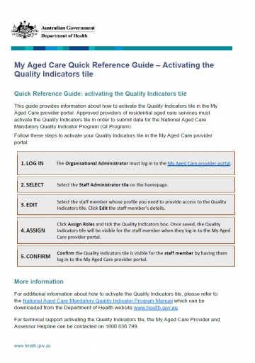 My Aged Care Quick Reference Guide – Activating the Quality Indicators tile cover