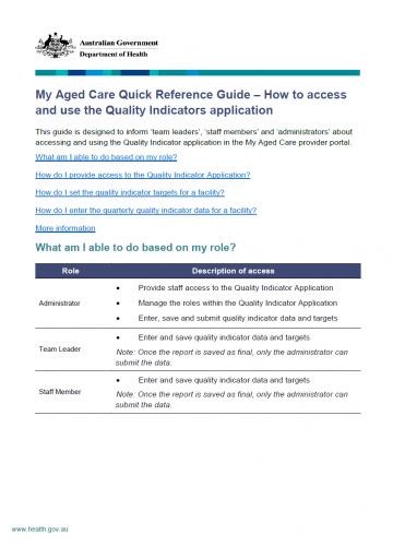 My Aged Care Quick Reference Guide – How to access and use the Quality Indicators application