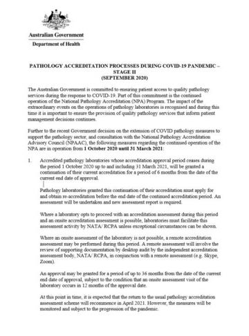 Stage II pathology accreditation measures in response to COVID-19 cover