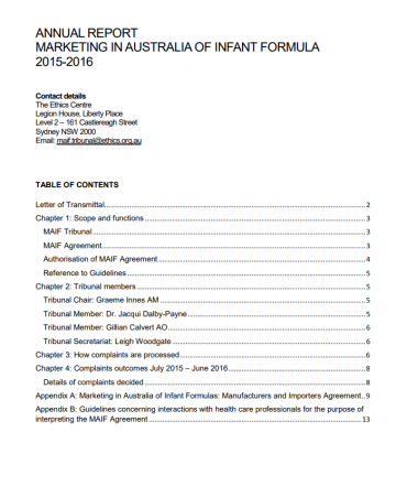 Annual Report of the Marketing in Australia of Infant Formula Tribunal 2015 - 2016
