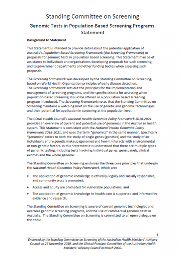 Genomic tests in population-based screening programs – position statement