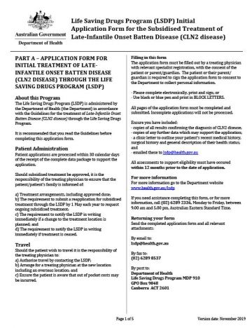 Cover image of Life Saving Drugs Program – Batten disease – Initial application