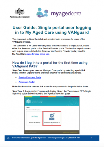 Cover image for Single portal user logging into My Aged Care using VANguard user guide