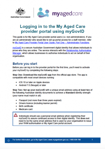 My Aged Care – Logging in to the My Aged Care Provider Portal using myGovID