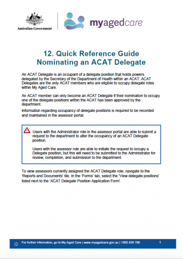 Cover image for Quick Reference Guide 12 – Nominating an Aged Care Assessment Team (ACAT) Delegate