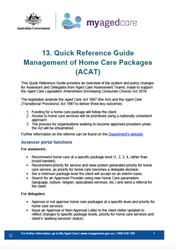 Cover image for Quick Reference Guide 13 – Management of Home Care Packages (ACAT)
