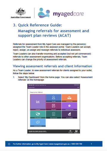 Cover image for My Aged Care quick reference guide 3 – Managing referrals for assessment and support plan reviews (ACAT)