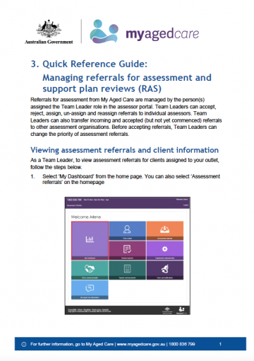 Cover image for My Aged Care quick reference guide 3 – Managing referrals for assessment and support plan reviews (RAS)