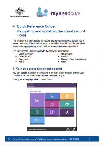 Cover image for My Aged Care quick reference guide 4 – Navigating and updating the client record (RAS)