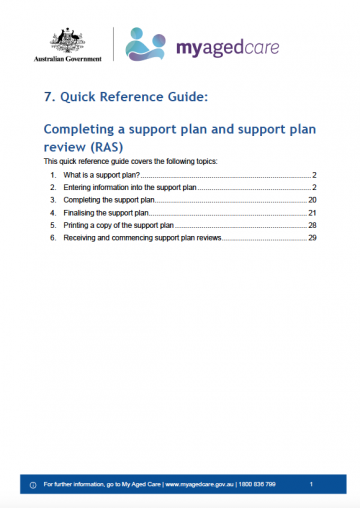 Cover image for My Aged Care quick reference guide 7 – Completing a support plan and support plan review (RAS)