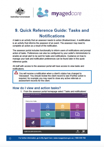 Cover image My Aged Care Quick Reference Guide 9 – Tasks and Notifications (ACAT)
