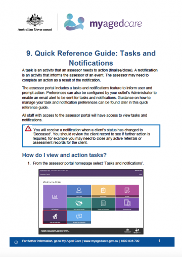 Cover image for My Aged Care quick reference guide 9 – Tasks and notifications (RAS)