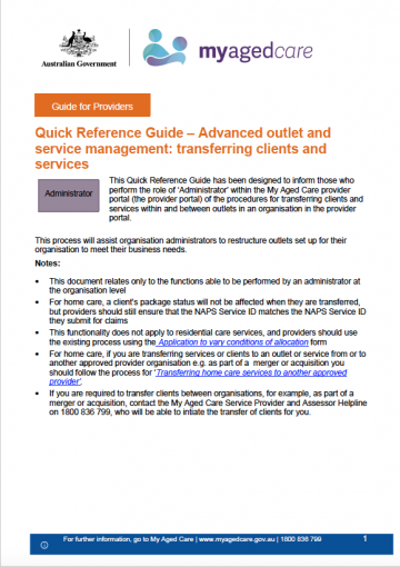 Cover image for My Aged Care quick reference guide – Advanced outlet and service management: transferring clients and services