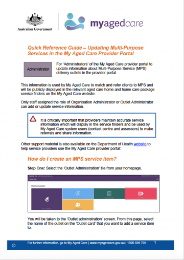 Cover image for My Aged Care Quick Reference Guide – Updating Multi-Purpose Services in the My Aged Care Service Provider Portal