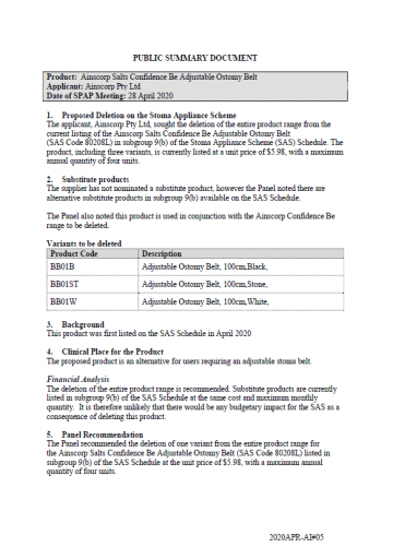 Cover image for SPAP public summary documents – April 2020 – Ainscorp Salts Confidence Be adjustable ostomy belt