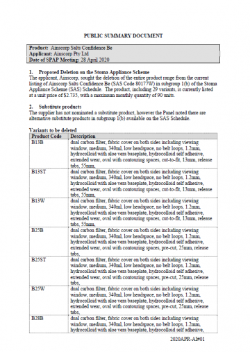 Cover image for Stoma Product Assessment Panel public summary documents – April 2020 – Ainscorp Salts Confidence Be