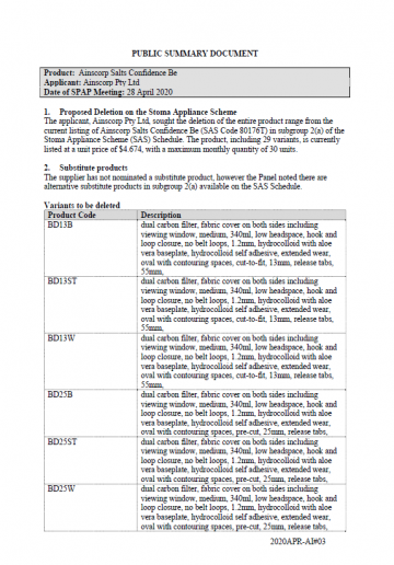 Cover image for Stoma Product Assessment Panel public summary documents – April 2020 – Ainscorp Salts Confidence Be one-piece drainable pouch