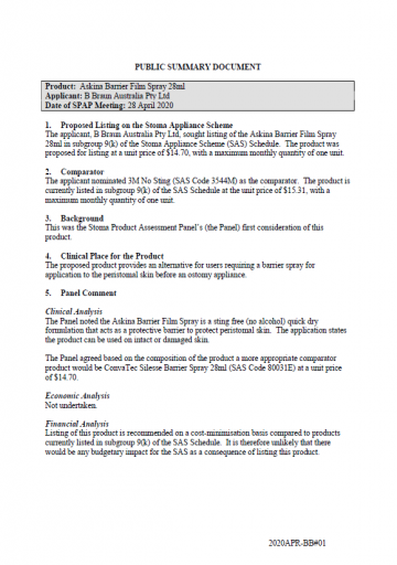 Cover image for Stoma Product Assessment Panel public summary documents – April 2020 – B Braun Askina Barrier Film Spray 28ml
