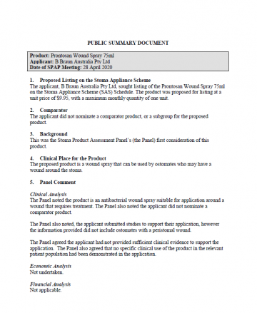 Cover image for SPAP public summary documents – April 2020 – B Braun Prontosan wound spray 75ml