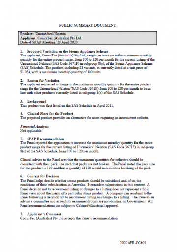 Cover image for SPAP public summary documents – April 2020 – ConvaTec Unomedical Nelaton