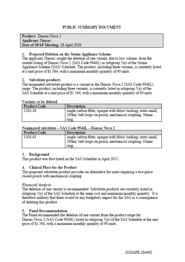 Cover image for SPAP public summary documents – April 2020 – Dansac Nova 2