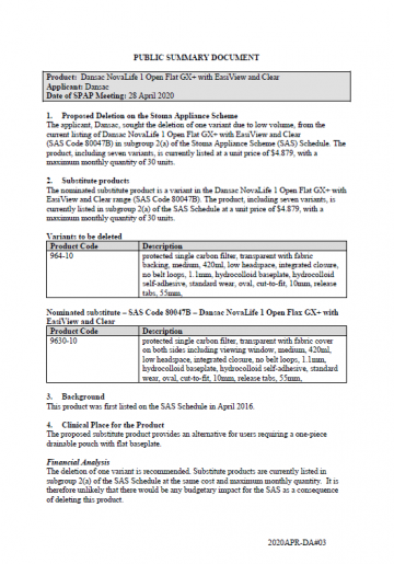 Cover image for SPAP public summary documents – April 2020 – Dansac NovaLife 1 Open Flat GX+ with EasiView and Clear
