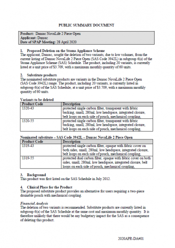 Cover image for SPAP public summary documents – April 2020 – Dansac Novalife two-piece open pouch