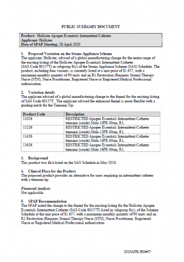 Cover image for SPAP public summary documents – April 2020 – Hollister Apogee Essentials Intermittent Catheter