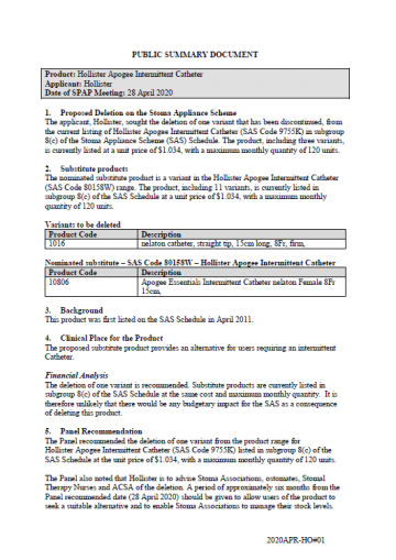 Cover image for SPAP public summary documents – April 2020 – Hollister Apogee Intermittent Catheter