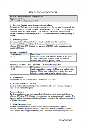 Cover image for SPAP public summary documents – April 2020 – Hollister Moderma Flex QuietWear
