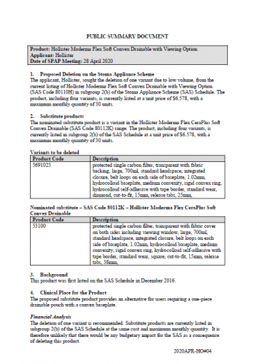 Cover image for SPAP public summary documents – April 2020 – Hollister Moderma Flex Soft Convex one-piece drainable pouch with viewing option