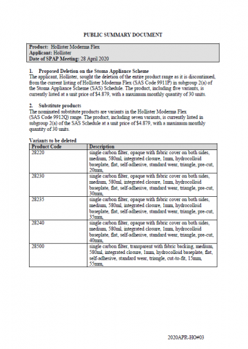 Cover image for SPAP public summary documents – April 2020 – Hollister Moderma Flex one-piece drainable pouch with flat baseplate